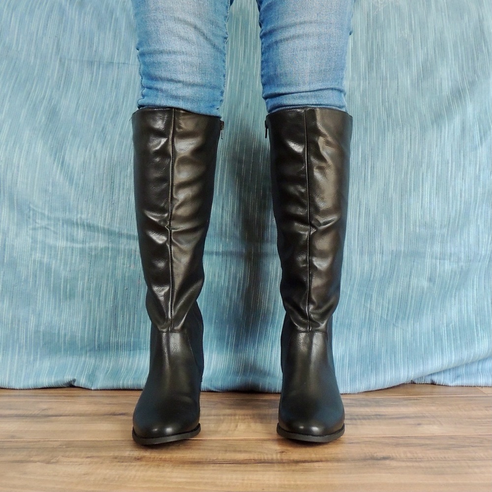 Black Faux Fur Low Heel Boots with Full Side Zip
